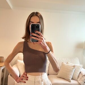 Aritzia Babaton Sculpt Knit One-Shoulder Crop Top in Purple/Taupe